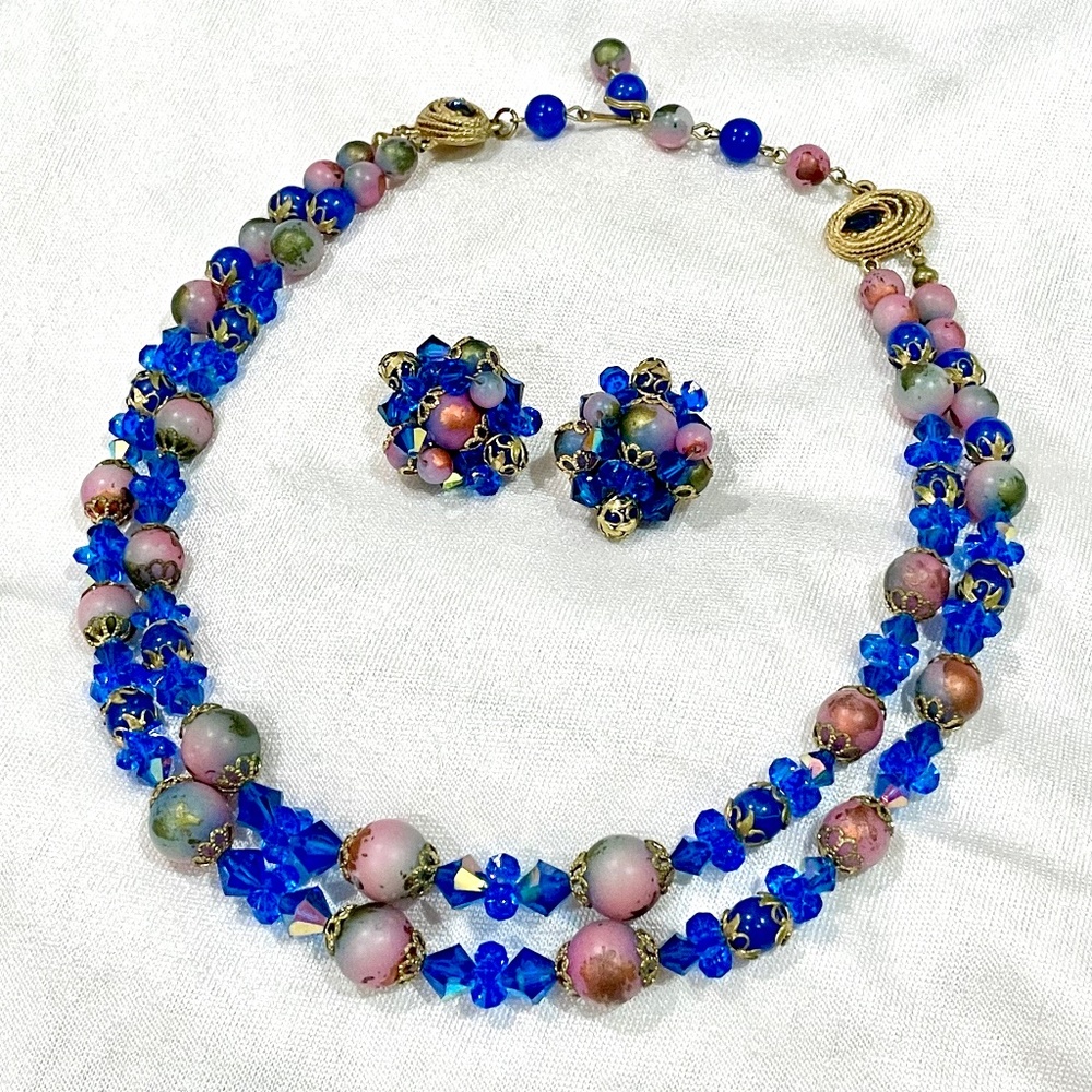 Vintage Aurora Borealis Blue Crystal Bead Necklace Earrings Clip On Mothers Day